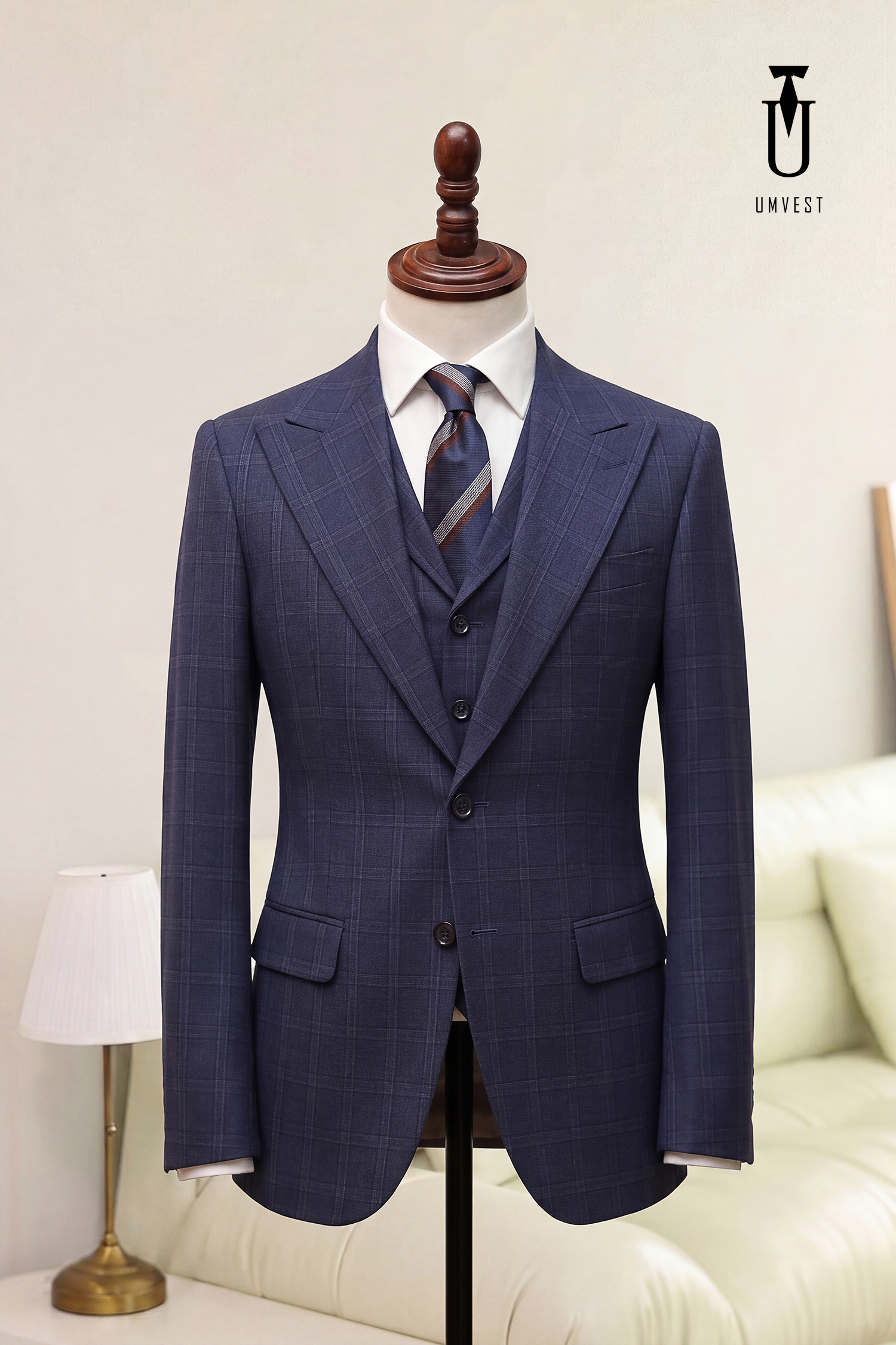 BỘ VEST NAM MÀU XANH DƯƠNG CARO GHILE TK (1)