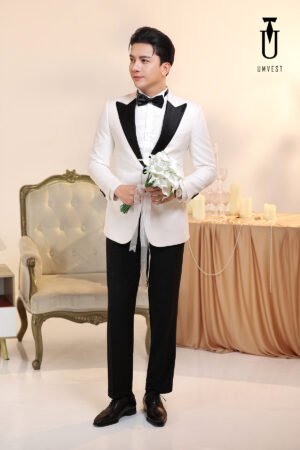 Tuxedo Chú Rể Trắng Ve Nhọn Đen