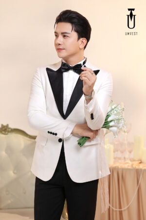 Tuxedo Chú Rể Trắng Ve Nhọn Đen