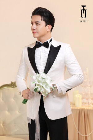 Tuxedo Chú Rể Trắng Ve Nhọn Đen