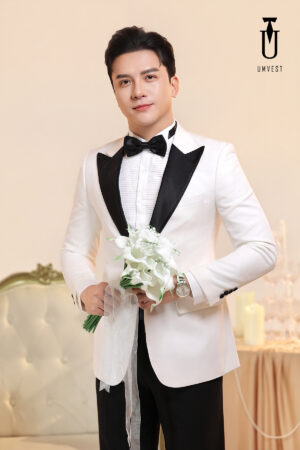 Tuxedo Chú Rể Trắng Ve Nhọn Đen