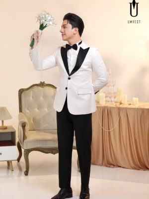 Tuxedo Chú Rể Trắng Ve Nhọn Đen