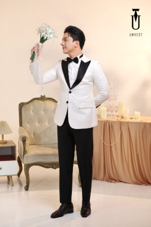 Tuxedo Chú Rể Trắng Ve Nhọn Đen
