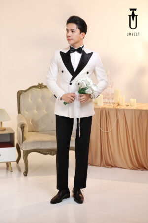 Tuxedo Chú Rể Trắng Ve Nhọn Đen