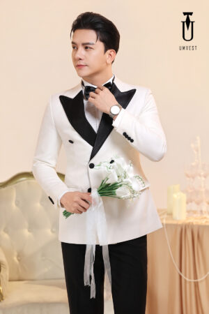 Tuxedo Chú Rể Trắng Ve Nhọn Đen