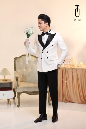 Tuxedo Chú Rể Trắng Ve Nhọn Đen