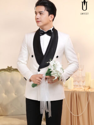 Tuxedo Chú Rể Trắng Ve Sam Đen 6 Cúc