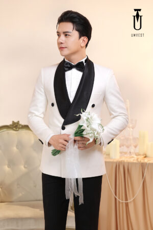 Tuxedo Chú Rể Trắng Ve Sam Đen 6 Cúc