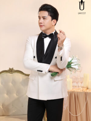 Tuxedo Chú Rể Trắng Ve Sam Đen 6 Cúc