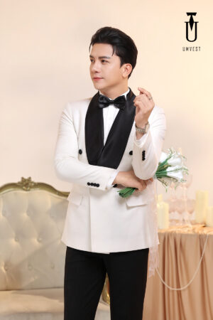 Tuxedo Chú Rể Trắng Ve Sam Đen 6 Cúc