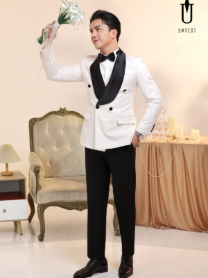 Tuxedo Chú Rể Trắng Ve Sam Đen 6 Cúc