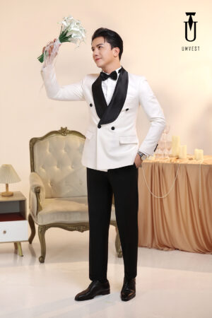 Tuxedo Chú Rể Trắng Ve Sam Đen 6 Cúc