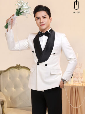 Tuxedo Chú Rể Trắng Ve Sam Đen 6 Cúc
