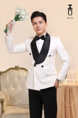 Tuxedo Chú Rể Trắng Ve Sam Đen 6 Cúc