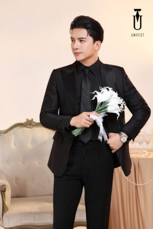Tuxedo Đen Gấm Sơ Mi Đen