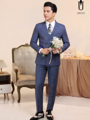 Vest Chú Rể 6 Cúc Caro Xanh Dương