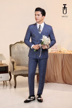 Vest Chú Rể 6 Cúc Caro Xanh Dương