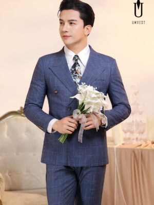 Vest Chú Rể 6 Cúc Caro Xanh Dương