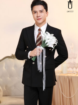 Vest Chú Rể 6 Cúc Đen Xương Cá