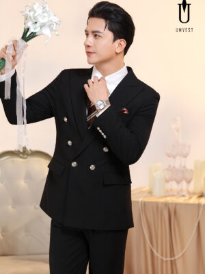 Vest Chú Rể 6 Cúc Đen Xương Cá