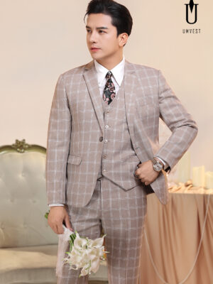 Vest Chú Rể Caro Đá Hồng Gile