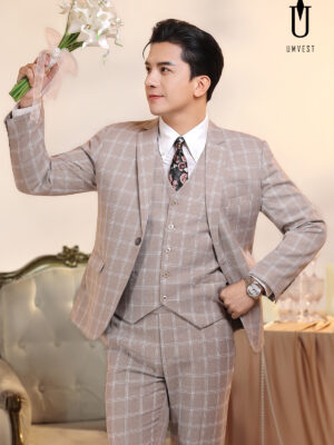 Vest Chú Rể Caro Đá Hồng Gile