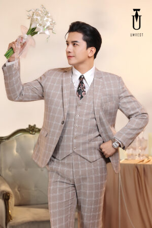 Vest Chú Rể Caro Đá Hồng Gile