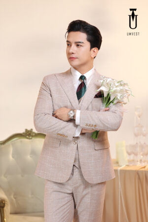 Vest Chú Rể Caro Kem Gile