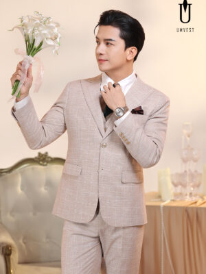 Vest Chú Rể Caro Kem Gile