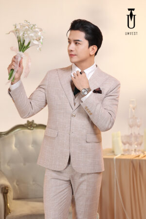 Vest Chú Rể Caro Kem Gile
