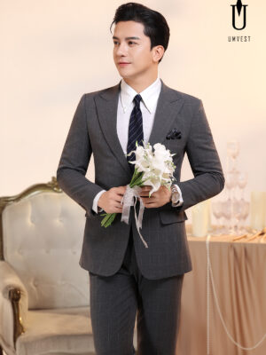Vest Chú Rể Caro Xám Giãn