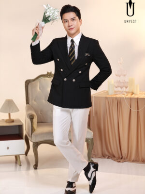 Vest Chú Rể Đen Xương Cá Phối Quần Trắng