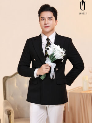 Vest Chú Rể Đen Xương Cá Phối Quần Trắng