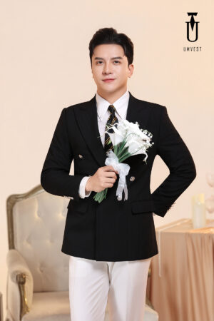 Vest Chú Rể Đen Xương Cá Phối Quần Trắng