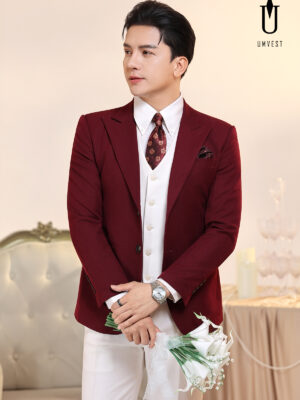 Vest Chú Rể Đỏ Đô Phối Trắng