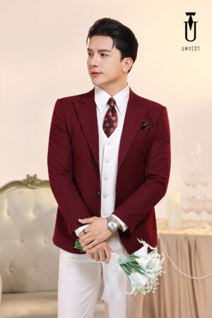 Vest Chú Rể Đỏ Đô Phối Trắng