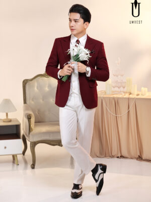 Vest Chú Rể Đỏ Đô Phối Trắng