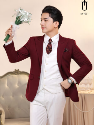 Vest Chú Rể Đỏ Đô Phối Trắng