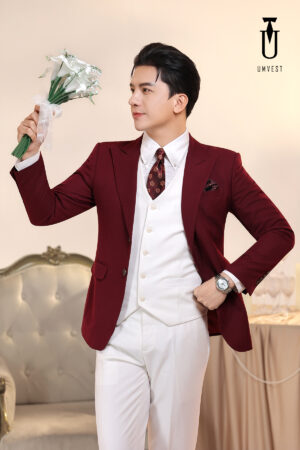 Vest Chú Rể Đỏ Đô Phối Trắng