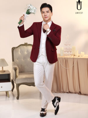 Vest Chú Rể Đỏ Đô Phối Trắng
