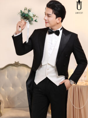 Vest Chú Rể Đuôi Tôm Đen Gile Trắng