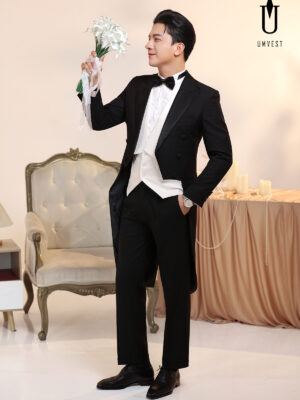 Vest Chú Rể Đuôi Tôm Đen Gile Trắng