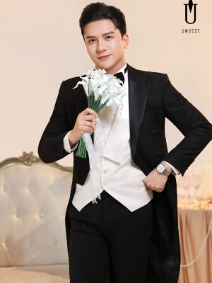Vest Chú Rể Đuôi Tôm Đen Gile Trắng