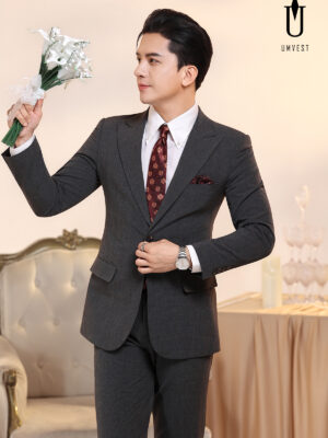 Vest Chú Rể Kẻ Xám Đậm