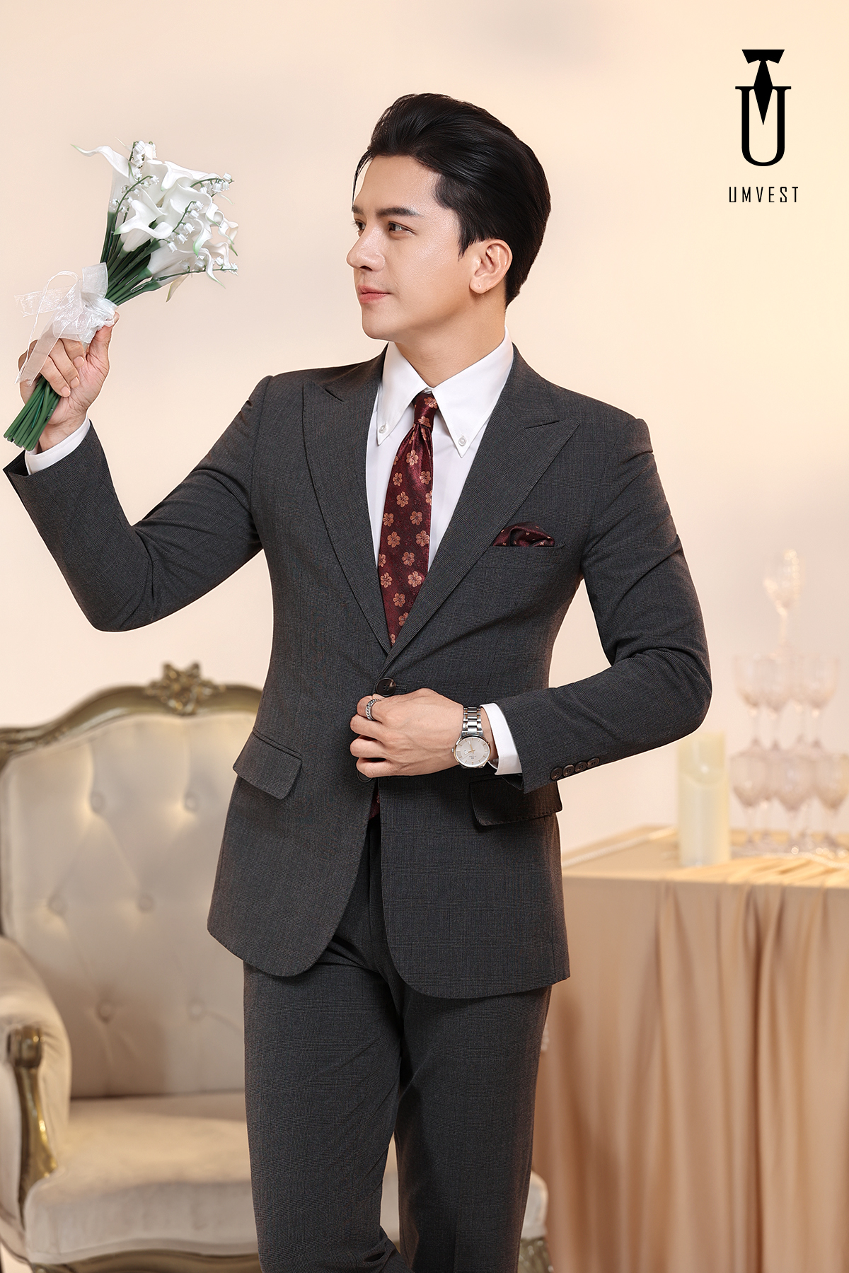 Vest Chú Rể Kẻ Xám Đậm Vest Chú Rể Kẻ Xám Đậm