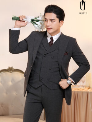 Vest Chú Rể Kẻ Xám Đậm Gile Sam