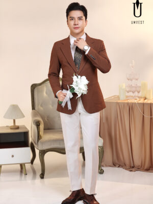 Vest Chú Rể Nâu Phối Quần Trắng