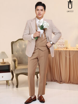 Vest Chú Rể Nâu Nhạt Phối Kem
