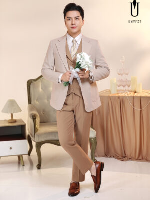 Vest Chú Rể Nâu Nhạt Phối Kem
