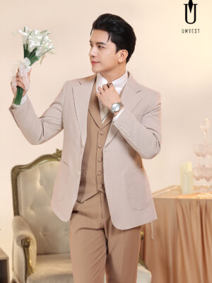 Vest Chú Rể Nâu Nhạt Phối Kem